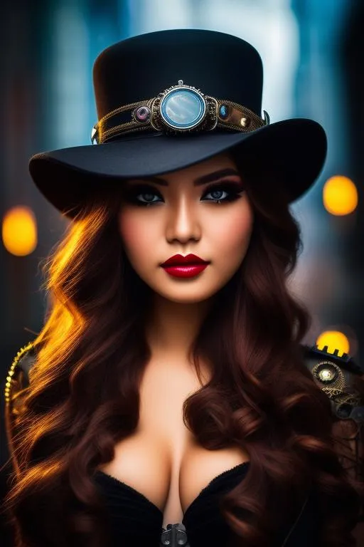 Prompt: half body professional photo of a woman, fashion photography, clear and highly detailed eyes, a sultry steampunk outfit, city background