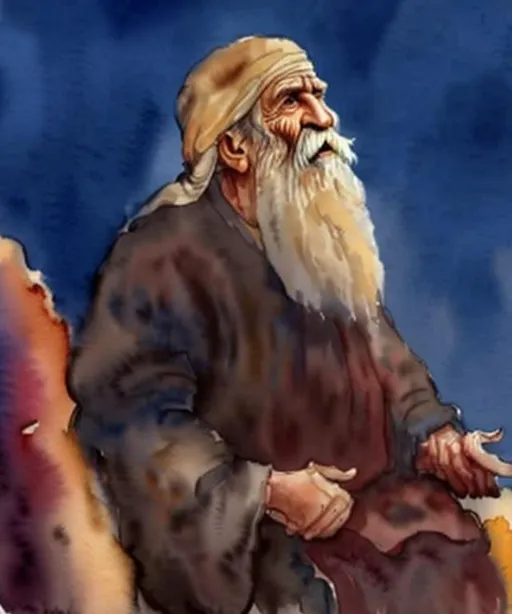 Prompt: watercolour painting of a very old hebrew man with a long white beard