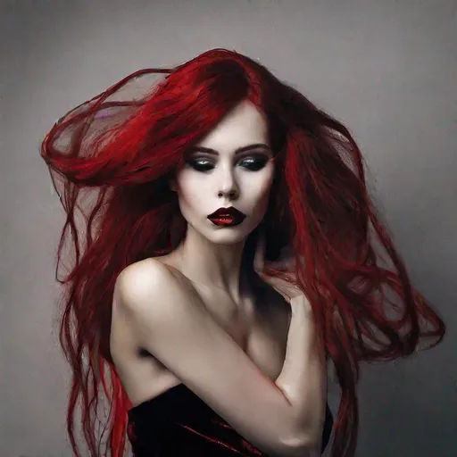 Prompt: stunning woman with red skin surrounded by black velvet
