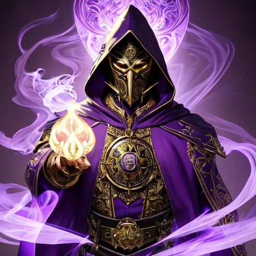 Prompt: high-quality high-detail highly-detailed breathtaking Villen ((by Aleksi Briclot and Stanley Artgerm Lau)) - ((a warlock)), hooded purple detailed warlock ornate robes casting smoke in hands, flying, smoke in feet, glowing, highly detailed vintage brass mime mask, add some purple smoke in his hands, glowing chest emblem, smooth detailed shoulder plates, detailed ivory, full body, fantasy robes, wearing mime mask, 8k,  full form, detailed library setting, full form, epic, 8k HD, ice, sharp focus, ultra-realistic clarity. Hyper-realistic, realistic, close to perfection, high-quality cell shaded illustration, ((full body)), dynamic pose, perfect anatomy, centered, freedom, soul, approach to perfection, cell shading, 8k, cinematic dramatic atmosphere, watercolor painting, global illumination, detailed and intricate environment, art station, concept art, fluid and sharp focus, volumetric lighting, cinematic lighting, 
