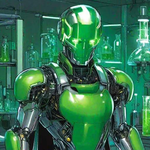 Prompt: Whole body. Full figure. A robotic supervillain. he has a glass helmet filled with green liquid, .The head is a skull. background is a laboratory. Marvel art. DC comics art. Well draw face. Detailed. . RPG art. 2d art. 2d