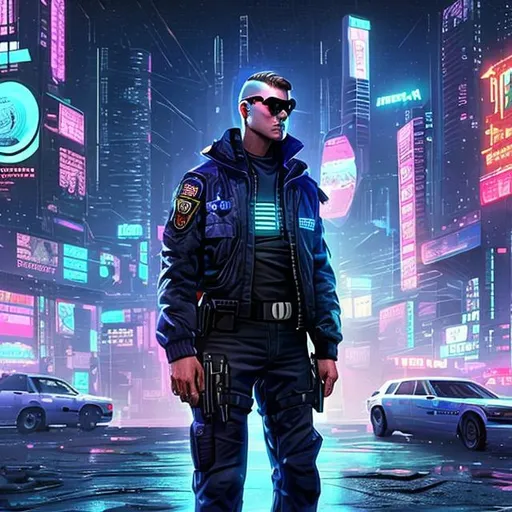 Prompt: Cyberpunk policeman american white male 30 Years old 