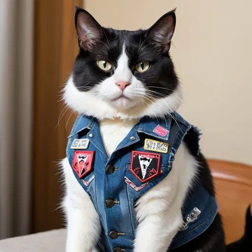 Prompt: tuxedo cat wearing a heavy metal music denim vest with patches