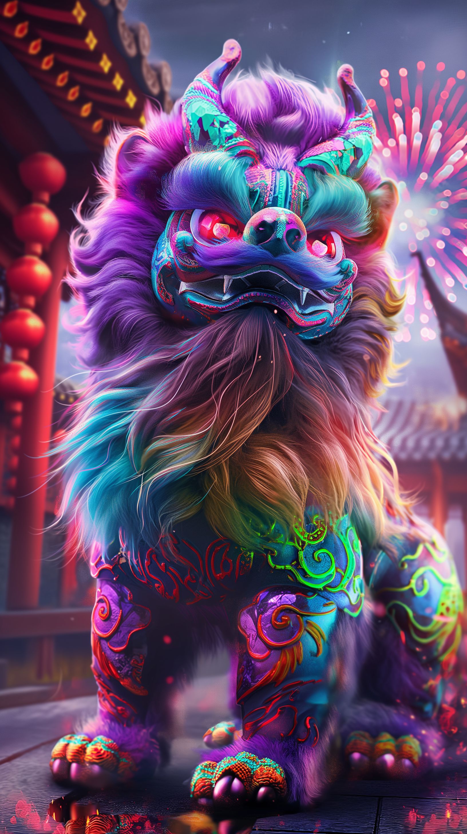 Prompt: realistic chinese lion dog, fluffy fuzzy fur, glowing eyes, rainbow reflective scales and horns, standing watch outside a chinese temple during the fireworks --ar 9:16 --v 6.0