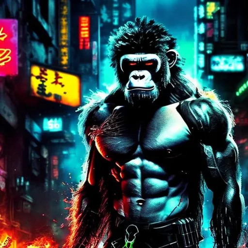 Prompt: 4k. Gritty Todd McFarlane style black and neon hairy gorilla. Full body. Gritty, futuristic army-trained villain. Bloody. Hurt. Damaged. Accurate. realistic. evil eyes. Slow exposure. Detailed. Dirty. Dark and gritty. Post-apocalyptic Neo Tokyo .Futuristic. Shadows. Armed. Fanatic. Intense. 