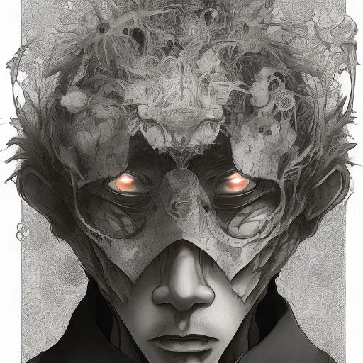 Prompt: Takashi Okazaki writes a stylized manga panel of a blank faced man, inspired by the works of Franck Miller, centered on a black background , 4 elements + obsidian + baroque + full body + 8K + detailed, intricate illustration + glow , 4