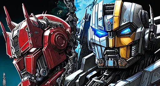 Prompt: sticker of 2 robots' portrait of Optimus Prime and bumblebee got release from transformer movie, full body, Kim Jung gi, freedom, soul, digital illustration, comic style, cyberpunk, perfect anatomy, centered, approaching perfection, dynamic, highly detailed, watercolor painting, artstation, concept art, smooth, sharp focus, illustration, art by Carne Griffiths and Wadim Kashin ,