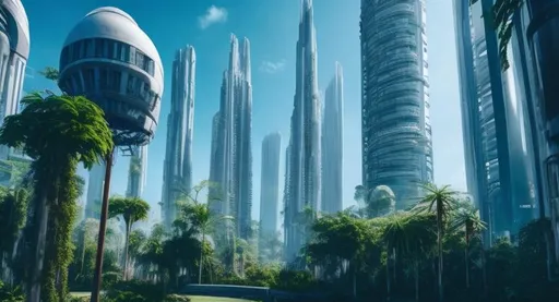 Prompt: Futuristic City White Tall Tower Lush Green Overgrown Plants Light Blue Sky High Resolution