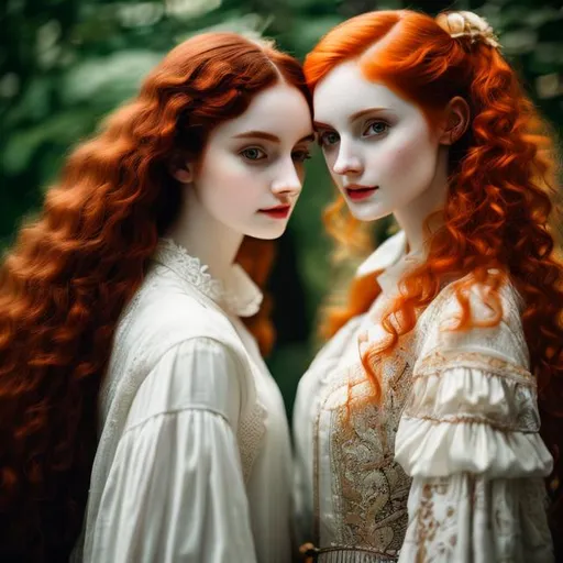 Prompt: Two young woman, red hair, long and curly, pale skin, tall,
18th century aesthetic, ,analog filter, perfect composition, hyperrealistic, super detailed, 8k, high quality, trending art, sharp focus, intricate details, highly detailed