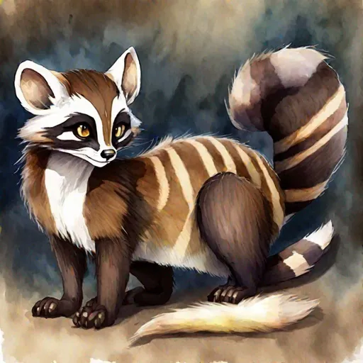 Prompt: Alinor Ringtail, brown fur, sharp brown eyes, whiskers, dark brown tail with white stripes, this creature likes to steal things, masterpiece, best quality, (in watercolor painting style)