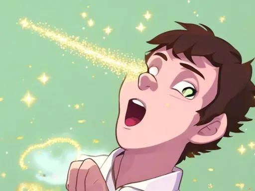 Prompt: 16 year old boy in a polo scared and surprised at a gold sparkly a magic spell flying straight at him