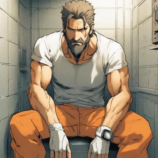 Prompt: Solid Snake wearing white t-shirt and orange prison pants sitting in prison cell with beard