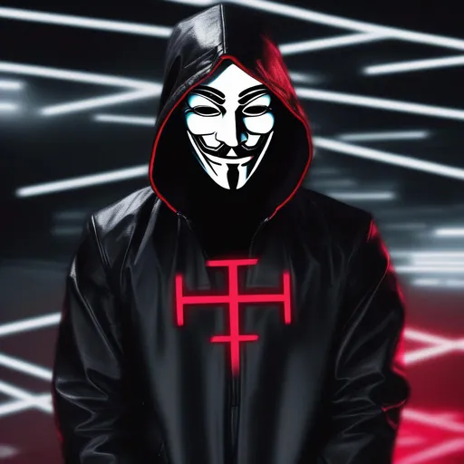 Prompt: anonymous masked man with black buffy jacket with white color and red neon cross in the background