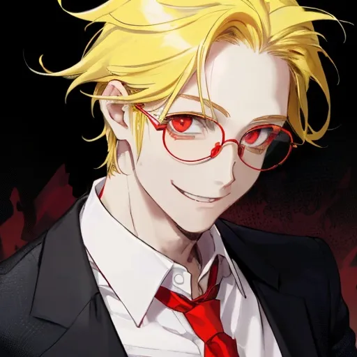 Prompt: Smiling male professor with messy yellow hair with red eyes behind red glasses wearing a white shirt and red tie