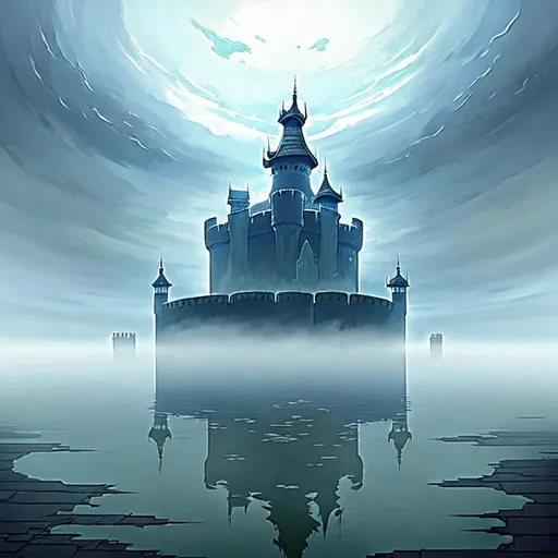 Prompt: flooded fortress with a deep fog at the horizon, where the floor reflects the sky with cloudy sky drawn by Hayao Miyazaki