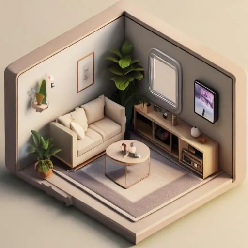 Prompt: Tiny cute isometric living room in a cutaway box, minimal design, soft smooth lighting, neutral colors, 100mm lens, 3d blender high-quality render, beige French interior design