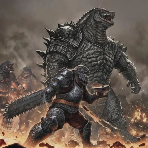 Prompt: godzilla wearing full plate armour wielding a hammer fighting a pug with a golden chainsaw