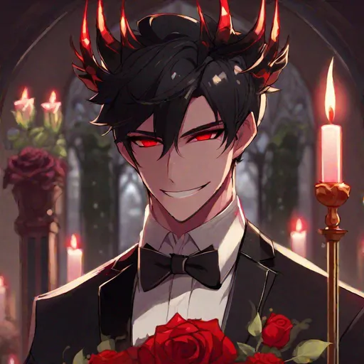 Prompt: Damien  (male, short black hair, red eyes) demon form, wearing a tuxedo, standing at the altar, grinning seductively, holding out a rose, wearing a crown
