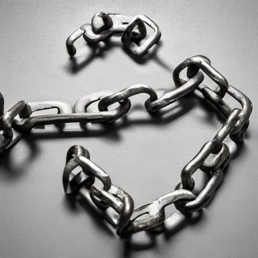 Prompt: A metal chainlink, broken in the middle and split into two, on a neutral plain background