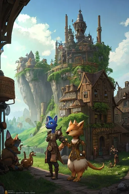 Prompt: small steampunk town, meadow, kobold people wearing tunics, fluffy tail, digitigrade, trending on artstation, afternoon lighting, diffused lighting,