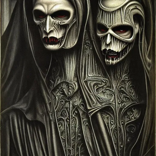Prompt: Hyperdetailed, Biomechanic, gothic, portrait of a vampire male by H. R. Giger