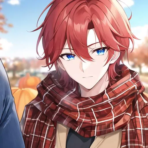 Prompt: Zerif 1male (Red side-swept hair covering his right eye, blue eyes), highly detailed face, wearing a cozy flannel shirt and a pair of stylish jeans. In the park, fall.  wearing a scarf, looking up at the sky, in a pumpkin patch, adult. Handsome,  detailed, UHD, HD, 4K, highly detailed, red haze, masculine, anime style