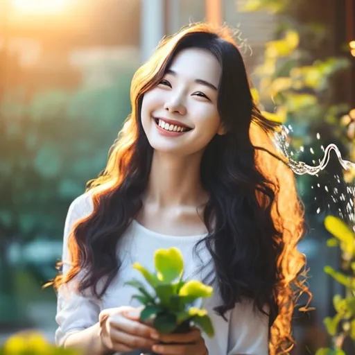 Prompt: korean woman with wavy long hair watering flower  with smile on the morning