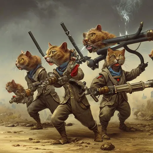 Prompt: Anthropomorphic cats bayonet charging an anthropomorphic mice cannon position in oil