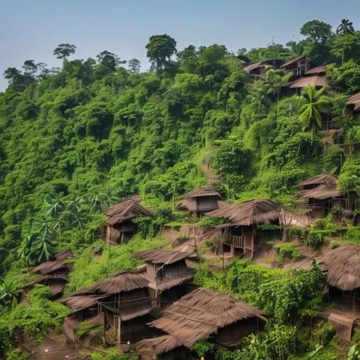 Prompt: Bangladeshi Village brown houses overgrow plants  rocky trail blue sky