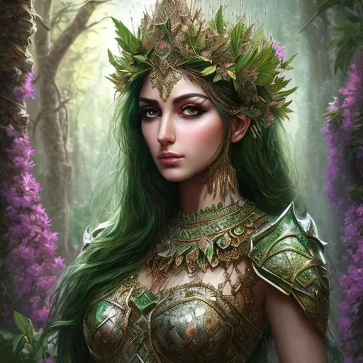 Prompt: High-resolution hyper realistic painting of {iranian vegetation goddess} [ameretat] , uhd, hdr, 64k, epic scene, crown, upper body, sharp edges, wooden armor. flower hair. green eyes, forest, garden