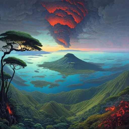 Prompt: Landscape painting, view from a bald mountaintop, lush and dark jungle, blue-black ocean and on an other island a vast glowing volcano in the distance, dull colors, danger, fantasy art, by Hiro Isono, by Luigi Spano, by John Stephens