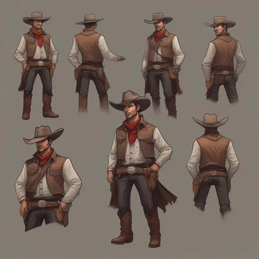 Prompt: dnd A male cowboy sheriff with short brown hair with grey streaks and dark stubble wild west