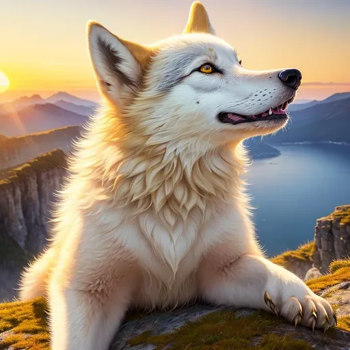 Prompt: (masterpiece, professional oil painting, epic digital art, best quality:1.5), insanely beautiful wolf pup, luminous {pale yellow eyes}, bushy white fur, golden nose, howling, big intense 8k eyes, intricately detailed eyes, golden sunrise, cliffside, blue eyes, bushy tail, mountains, UHD, sharp, very detailed, detailed fur, full body focus, beautifully detailed background, cinematic, Yuino Chiri, Kentaro Miura, 64K, UHD, intricate detail, high quality, high detail, masterpiece, intricate facial detail, high quality, detailed face, intricate quality, intricate eye detail, highly detailed, high resolution scan, intricate detailed, highly detailed face, very detailed, high resolution