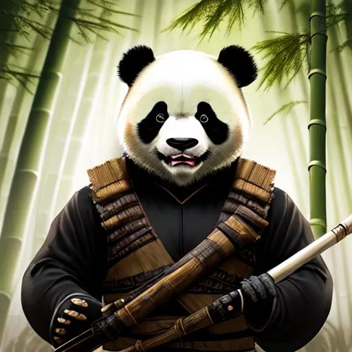 Prompt: Panda dressed in ninja clothes, Flintlock, Panda body, Roaring, dramatic lighting, 8k, portrait,realistic, fine details, photorealism, cinematic ,intricate details, cinematic lighting, photo realistic 8k, in forest bamboo