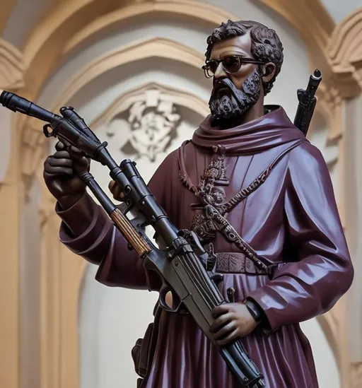 Prompt: St. Francis Xavier statue standing tall and heroic with a Dragunov SVD sniper in his arms. Color theme is purplish green.