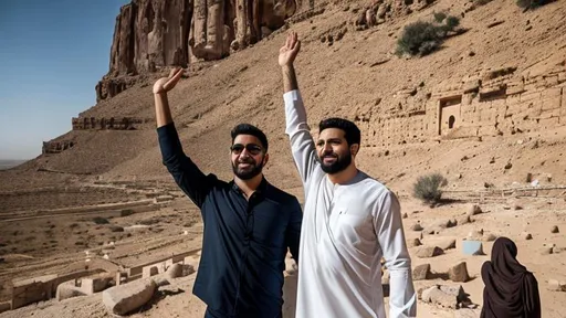 Prompt: Two Arab men holding one of each other hand up to sky standing on a hill, looking at the camera, drone shot, far view, full body, very beautiful, sun in the middle of sky