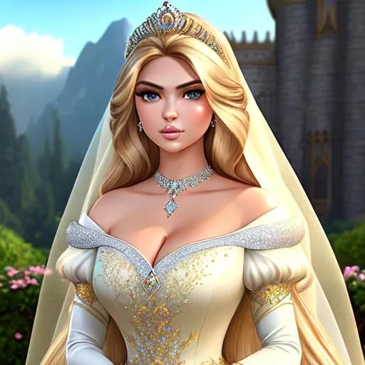 Prompt: a realistic feminine elegant princess Rapunzel, HD, mix of Kate Upton and Emily Ratajkowski, Diamond face, Evening dress golden era with diamonds and a shawl collar long ballgown