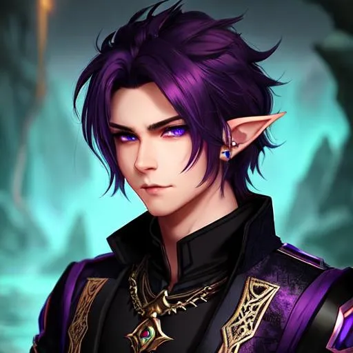 Prompt: Male, purple short wavy hair,
detailed turquoise eyes,
elf ears,
handsome,
sinister appearance,
black golden clothes
2D, 4K,
Full body,