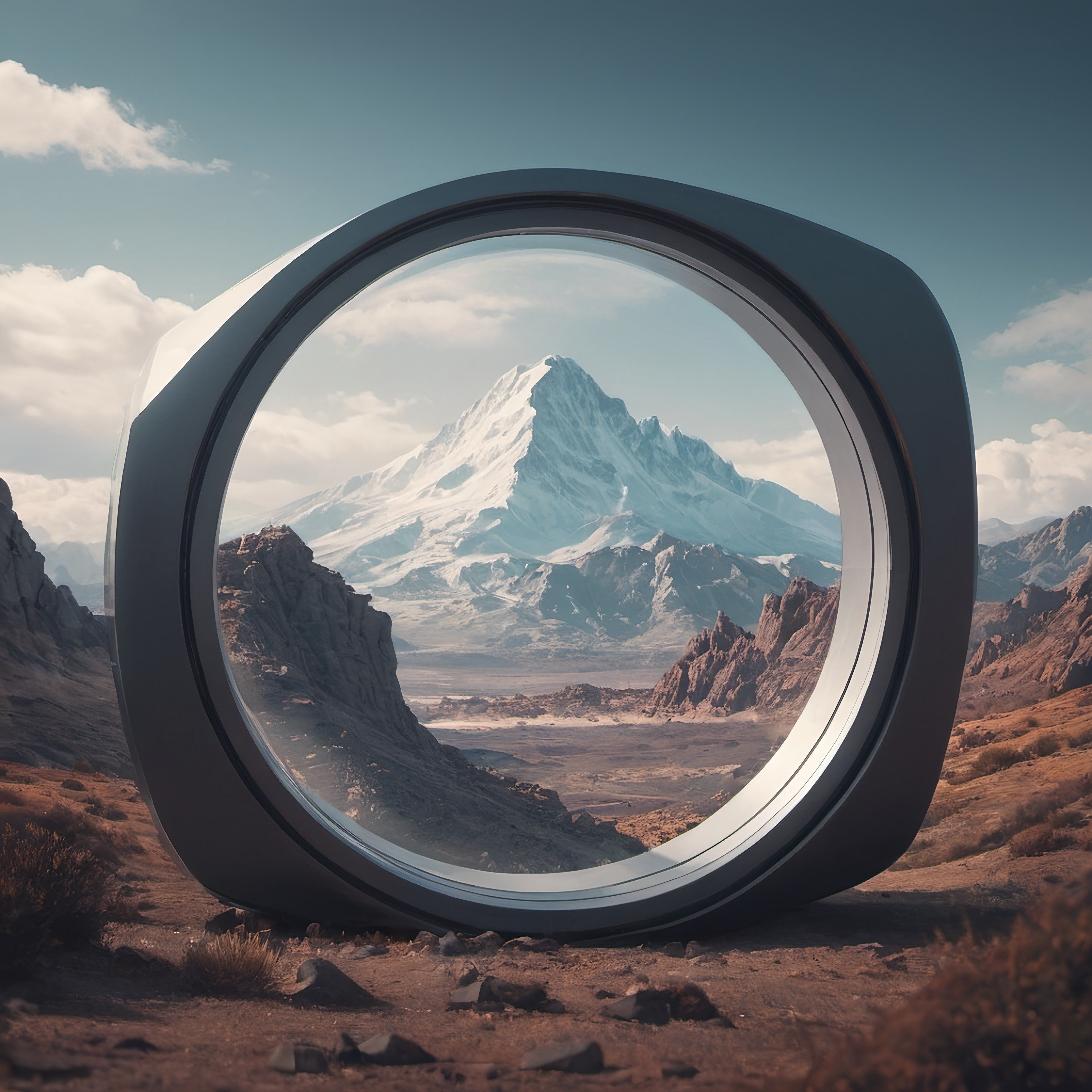 Prompt: a view of a mountain through a round window in a desert landscape with a mountain in the distance and a blue sky with clouds