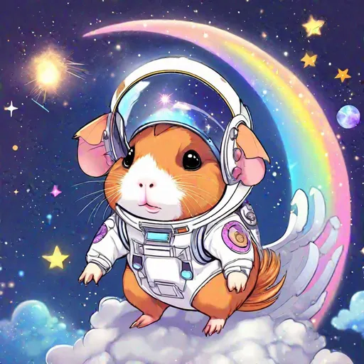 Prompt: Guinea pig, anthropomorphic, kawaii style, angel wings sprinkled with moondust, futuristic spacesuit, on a moon with vivid stars and nebulas in the sky, Angel of the Moon, Masterpiece, Best Quality 