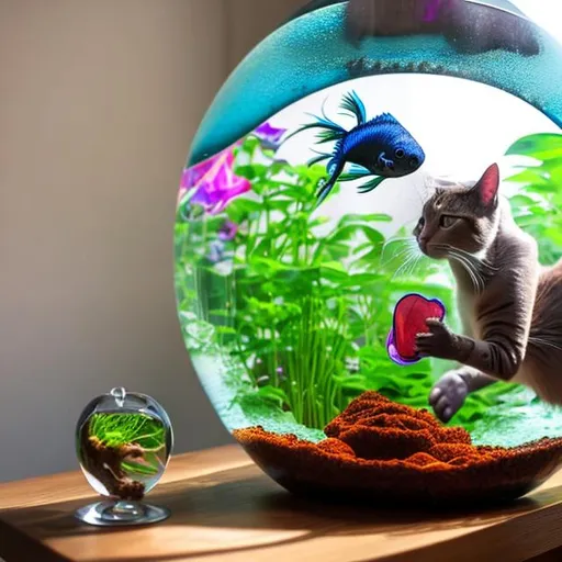 Prompt: Cat looking at betta fish in a round fishbowl on a table in a flower field
