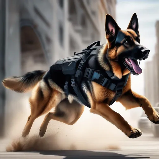 Prompt: concept art illustration, scifi, futuristic, raytracing, 16K, intricate, sharp focus, hyper detailed, German Shepherd military security dog, canine, canine anatomy, feral, quadruped, in action, running on concrete, excited, happy, 