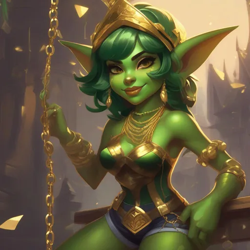 Prompt: A Green-Skinned Goblin Girl in shorts, gold chains