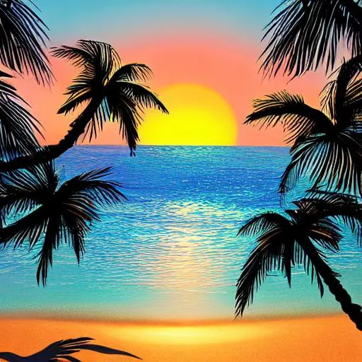 Prompt: palmtree sunset ocean graphic color logo