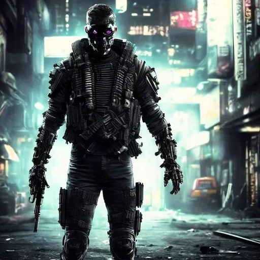 Prompt: Original villain. Future military armour with black and neon. Slow exposure. Detailed. Male masked. Dirty. Dark and gritty. Post-apocalyptic Neo Tokyo. Futuristic. Shadows. Sinister. Evil. Bionic enhancements. Magic rifle