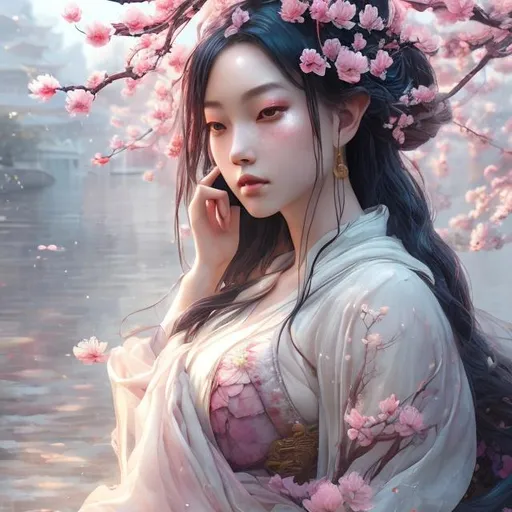 Prompt: Boatful blossom goddess, Chinese style veiling skirt, half body shot, cherry blossom scene, pink color palettes, watercolor painting, highly detailed, illustration, stunning, fantasy, unreal engine, cinematic lighting, mist, octane render, boatful, water reflections, detailed flowers, divine aura, ethereal beauty, mystical atmosphere, elegant pose, goddess-like, highres, watercolor, Chinese style, cinematic lighting, fantasy, detailed, pink tones, stunning