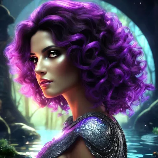 Prompt: HD 4k 3D 8k professional modeling photo hyper realistic beautiful woman ethereal greek goddess of forgetfulness
dark purple hair in curls light eyes gorgeous face mixed scaley skin shiny dress jewelry full body surrounded by magic silver glow  hd landscape background oblivious women is looking into a river in the underworld