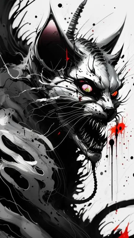 Prompt: Demon Cat negative black and white Speedpaint with large brush strokes by , Junji Ito, Ismail Inceoglu, , Gazelli, M.W. Kaluta, richard anderson, paint splatter, white ink, a masterpiece, 8k resolution, trending on artstation, horror, terrifying, highly detailed and intricate