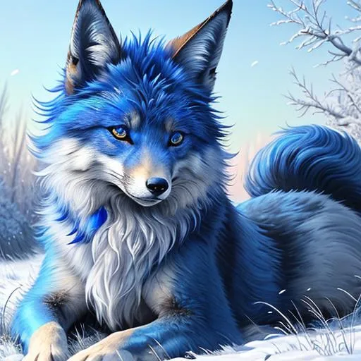 Prompt: (masterpiece, professional oil painting, epic digital art, best quality, highly detailed:1.5), extremely beautiful blue vixen ((fox)), (canine quadruped), female, adolescent, ice elemental, deep royal blue fur covered in frost, (bashful hypnotic sapphire blue eyes), 8k eyes, sprawled on frosted field, insanely beautiful, gorgeous billowing silver mane covered in frost, (plump:2), brightly glistening fur, thick silky glistening mane, by Anne Stokes, by Yuino Chiri, mid close up, detailed smiling face, finely detailed fur, hyper detailed fur, (soft silky insanely detailed fur), moonlight beaming through clouds, grassy field covered in frost, fluffy fox ears, highly detailed mouth, cool colors, beaming sun, professional, symmetric, golden ratio, unreal engine, depth, volumetric lighting, rich oil medium, (brilliant auroras), (ice storm), full body focus, beautifully detailed background, highly detailed defined furry legs, cinematic, 64K, UHD, intricate detail, high quality, high detail, masterpiece, intricate facial detail, high quality, detailed face, intricate quality, intricate eye detail, highly detailed, high resolution scan, intricate detailed, highly detailed face, very detailed, high resolution