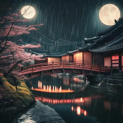 Prompt: Japanese style sad aesthetic place with beautiful moon wood bridge and river in middle of night with rain and like photo take it far